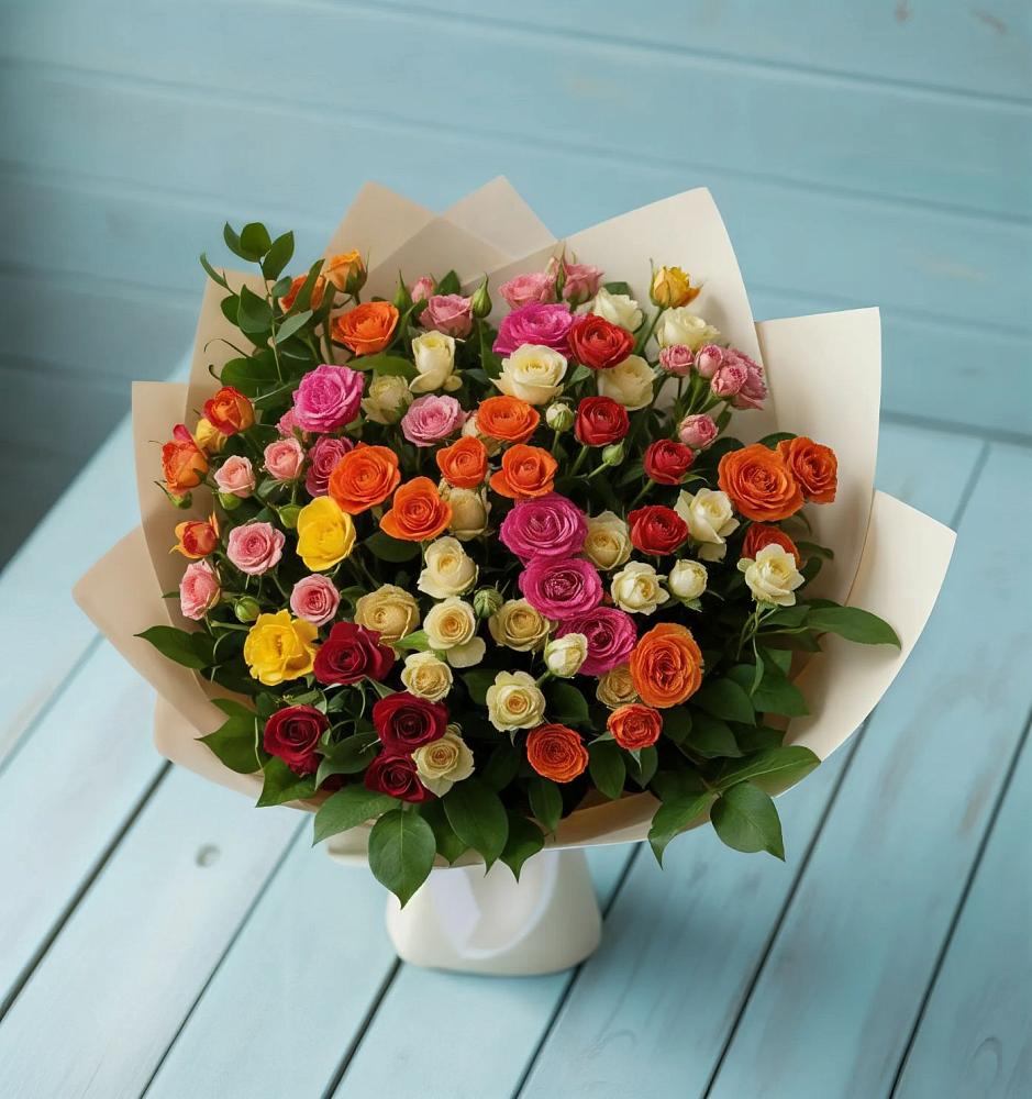 Букет Микс из разноцветных кустовых роз в Верхнем Тагиле