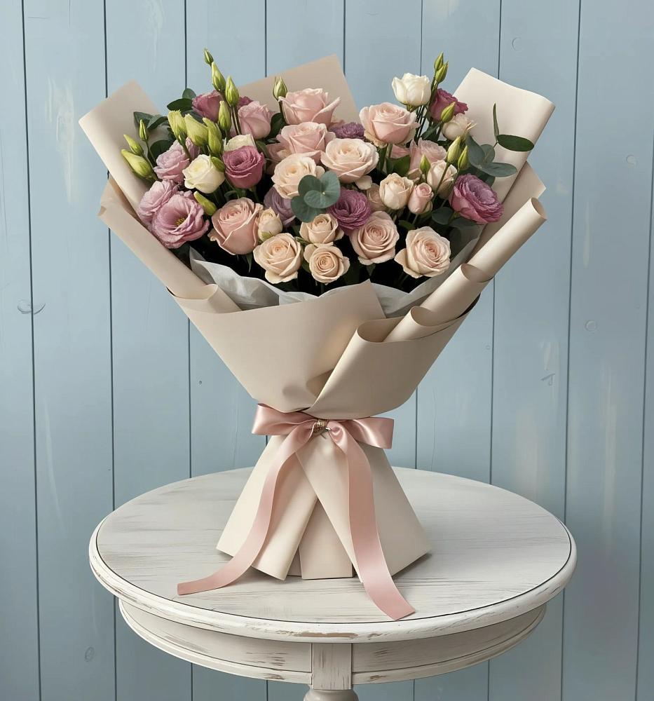 Букет цветов из: Розы и Лизиантусы в Верхнем Тагиле